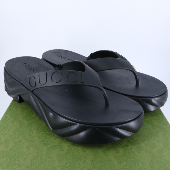 Gucci 41 Y2K Black Logo Shiny Rubber Platform Flip Flops Thongs Sandals E782 - Picture 1 of 16